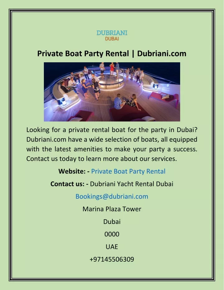private boat party rental dubriani com