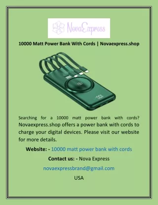 10000 Matt Power Bank With Cords  Novaexpress.shop