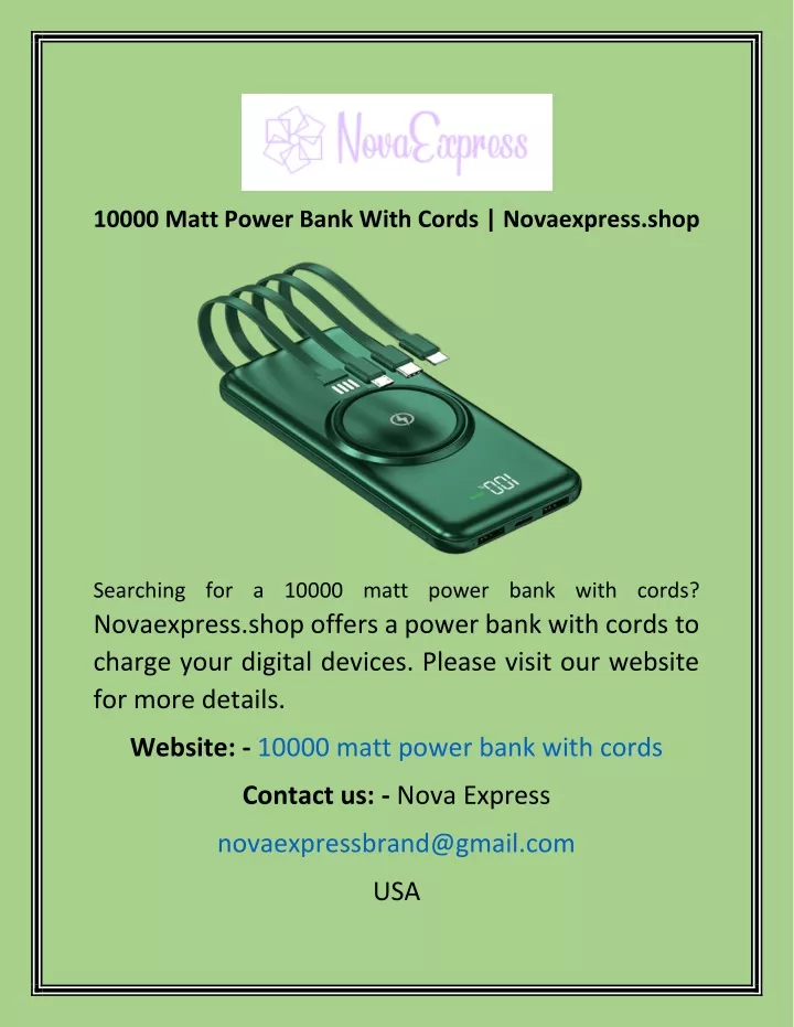 10000 matt power bank with cords novaexpress shop