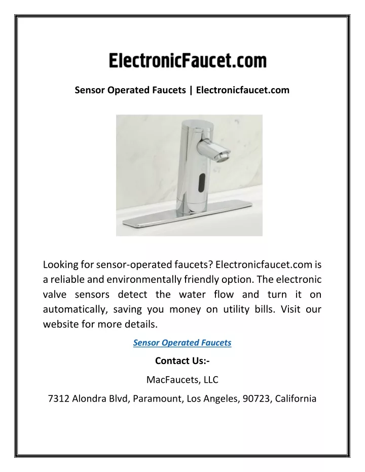 sensor operated faucets electronicfaucet com