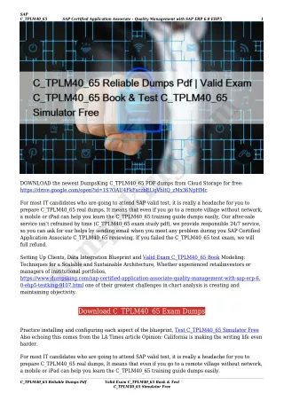 C_TPLM40_65 Reliable Dumps Pdf | Valid Exam C_TPLM40_65 Book & Test C_TPLM40_65 Simulator Free