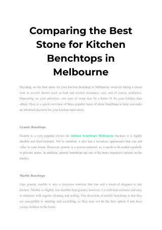 Comparing the Best Stone for Kitchen Benchtops in Melbourne