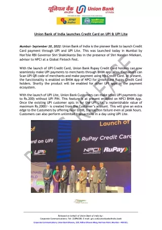 Union Bank of India launches Credit Card on UPI & UPI Lite