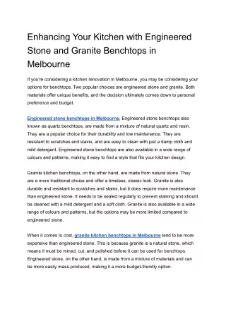 Enhancing Your Kitchen with Engineered Stone and Granite Benchtops in Melbourne