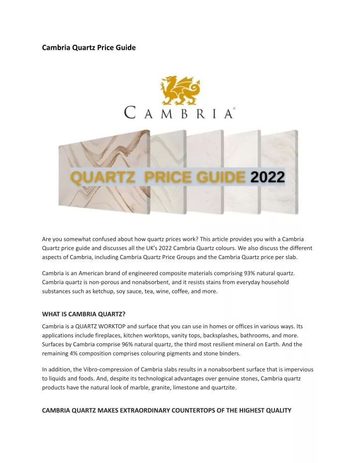 cambria quartz price guide
