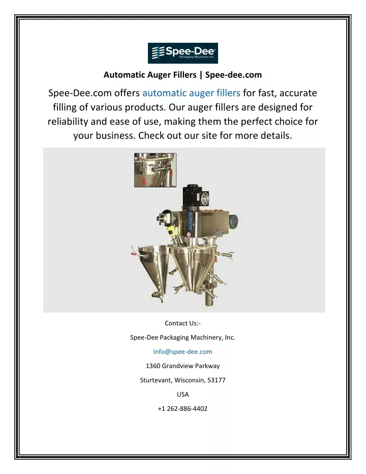 automatic auger fillers spee dee com
