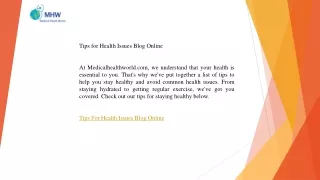 Tips for Health Issues Blog Online  Medicalhealthworld.com