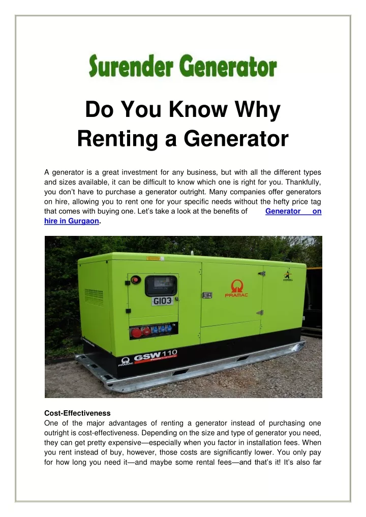do you know why renting a generator