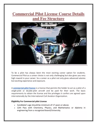 Commercial Pilot License Course Details and Fee Structure