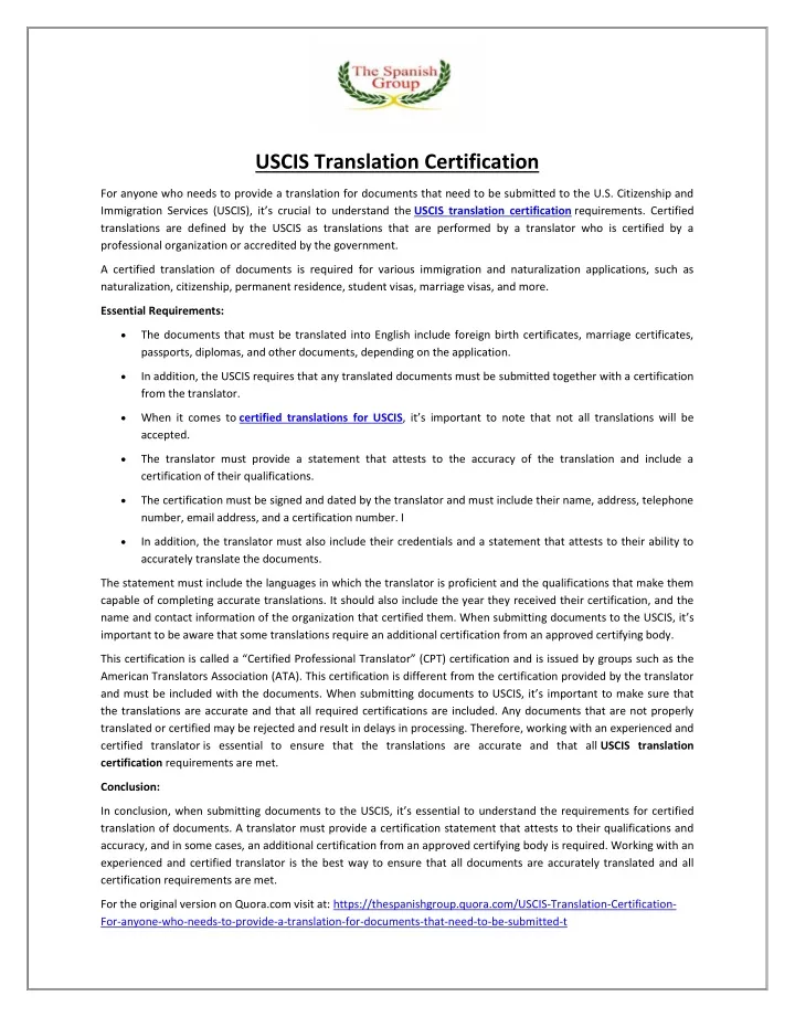 PPT USCIS Translation Certification PowerPoint Presentation, free
