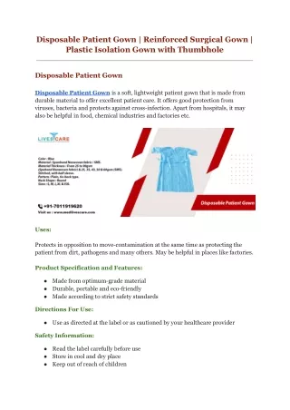 Disposable Patient Gown _ Reinforced Surgical Gown _ Plastic Isolation Gown with Thumbholent Gown
