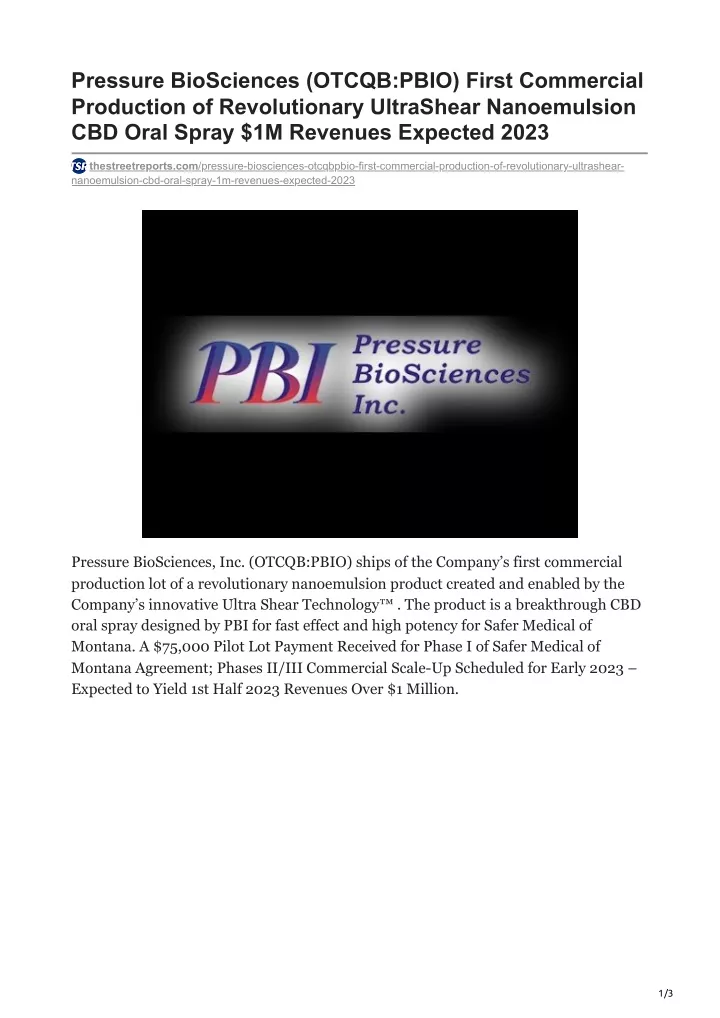 pressure biosciences otcqb pbio first commercial
