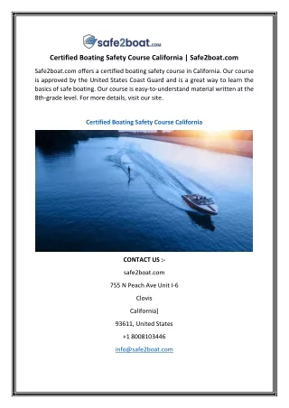 Certified Boating Safety Course California  Safe2boat.com