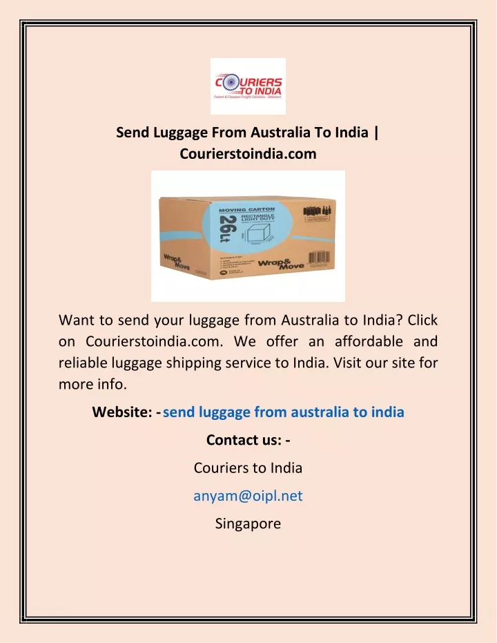 send luggage from australia to india