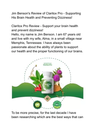 Jim Benson's Review of Claritox Pro - Supporting His Brain Health and Preventing Dizziness (1)