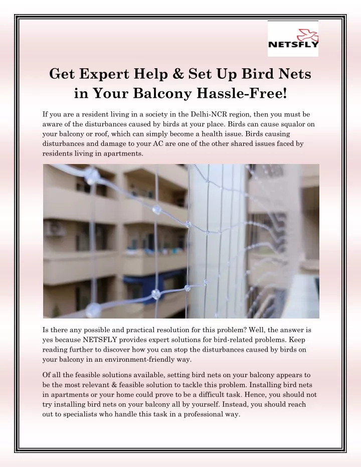 get expert help set up bird nets in your balcony