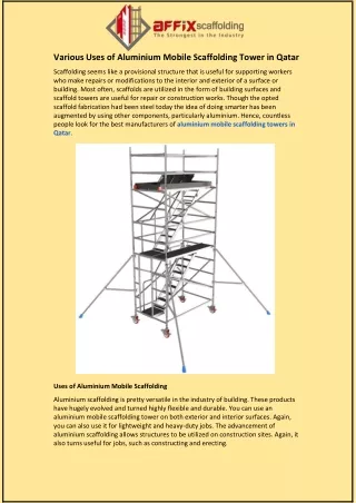 Various Uses of Aluminium Mobile Scaffolding Tower in Qatar