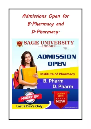 Admissions Open for B.Pharmacy and D.Pharmacy