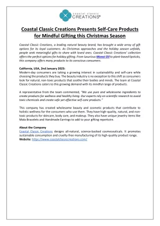 Coastal Classic Creations Presents Self-Care Products for Mindful Gifting this Christmas Season