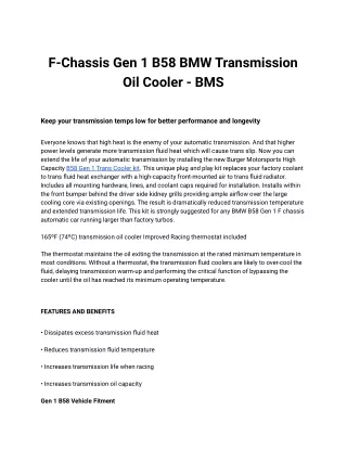 F-Chassis Gen 1 B58 BMW Transmission Oil Cooler - BMS