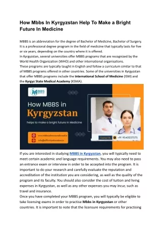 How Mbbs In Kyrgyzstan Help To Make a Bright Future In Medicine