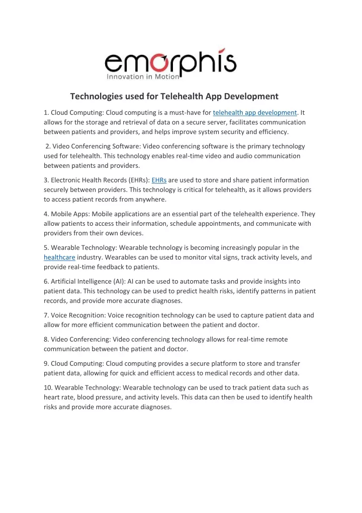 technologies used for telehealth app development