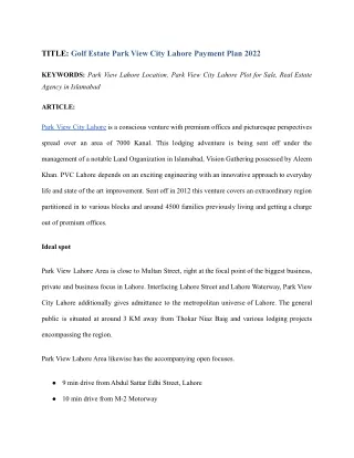 Lahore park view city payment plan 2022