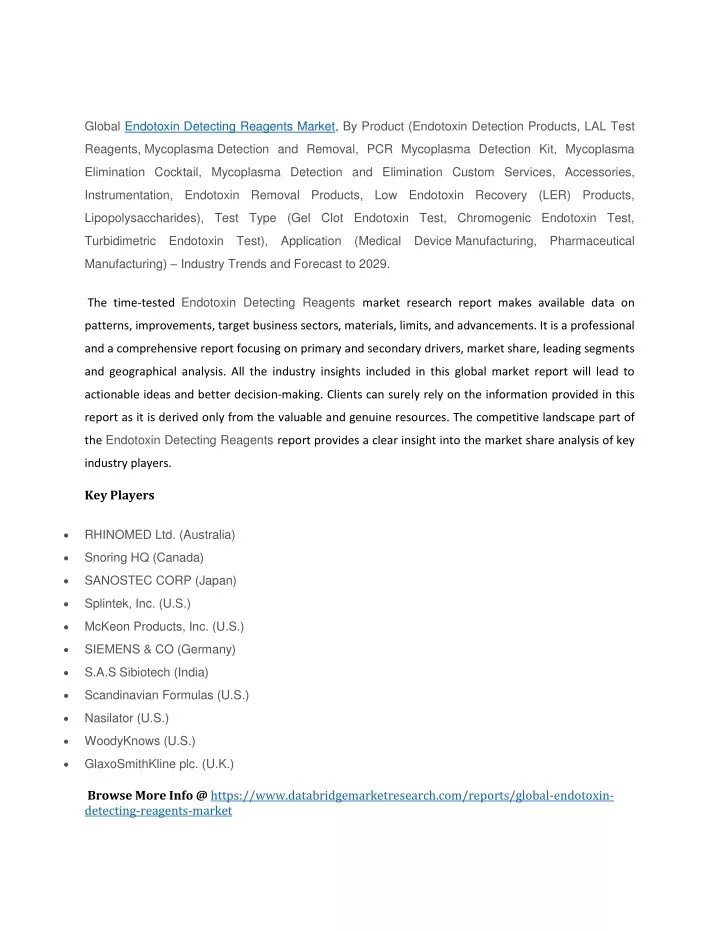 global endotoxin detecting reagents market