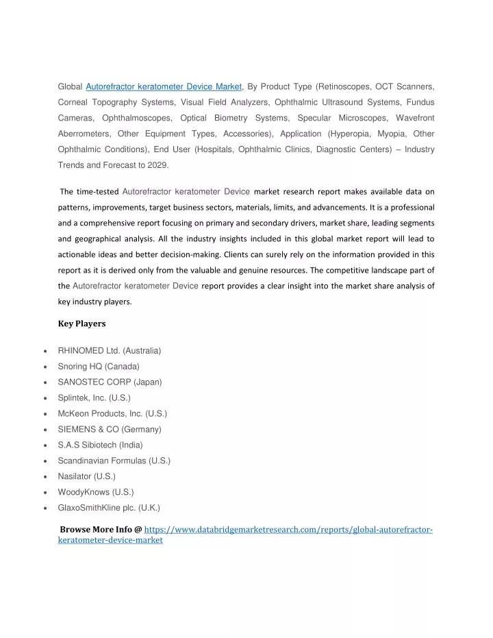 global autorefractor keratometer device market