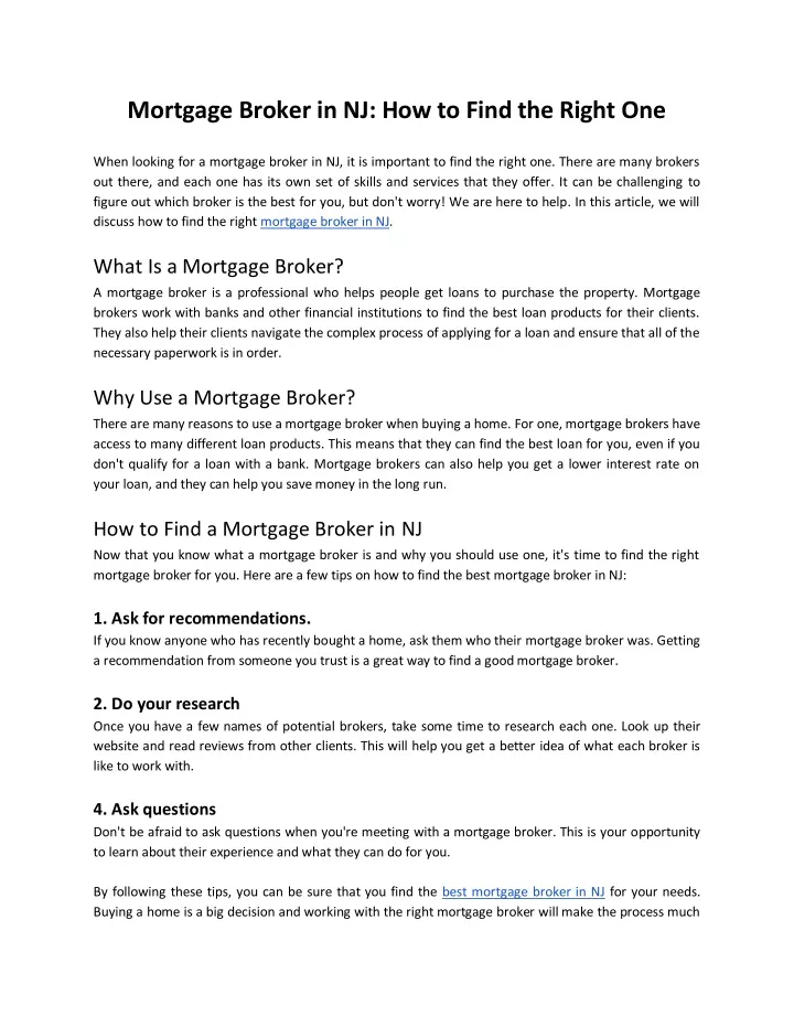 mortgage broker in nj how to find the right one