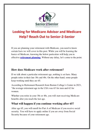 Looking for Medicare Advisor and Medicare Help Reach Out to Senior-2Senior.docx