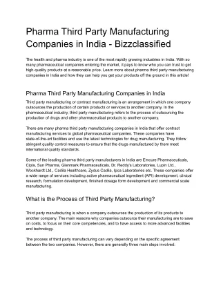 Pharma Third Party Manufacturing Companies in India - Bizzclassified
