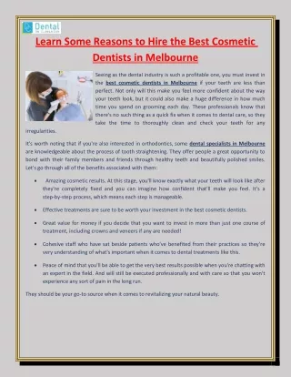 Learn Some Reasons to Hire the Best Cosmetic Dentists in Melbourne