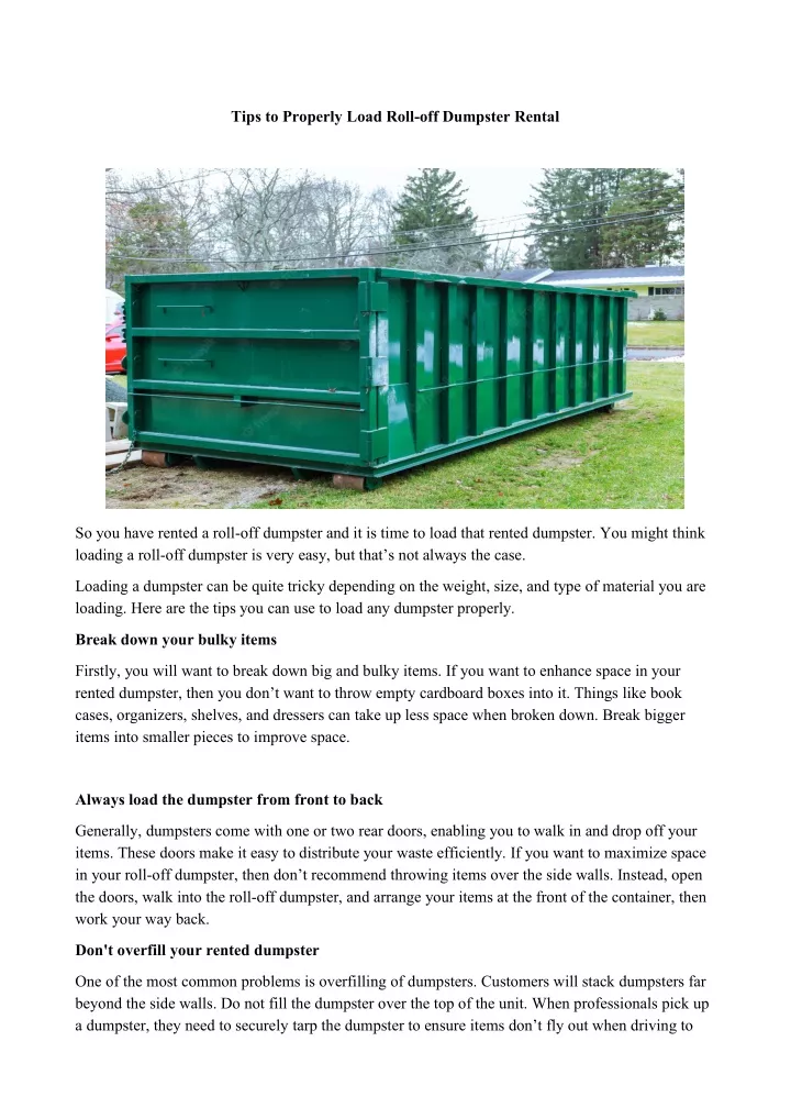 tips to properly load roll off dumpster rental