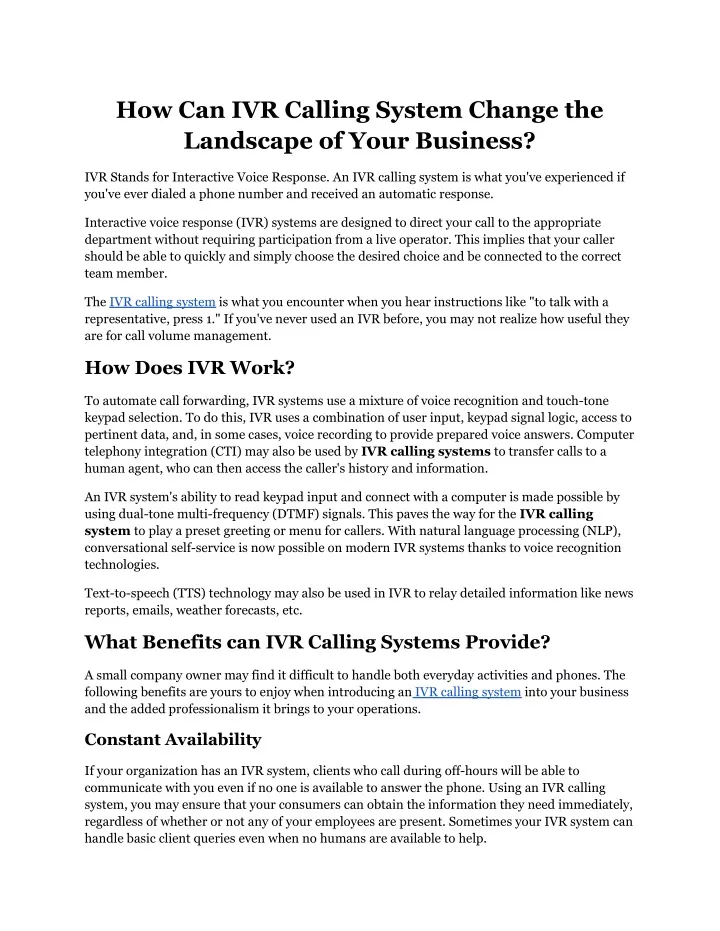 how can ivr calling system change the landscape