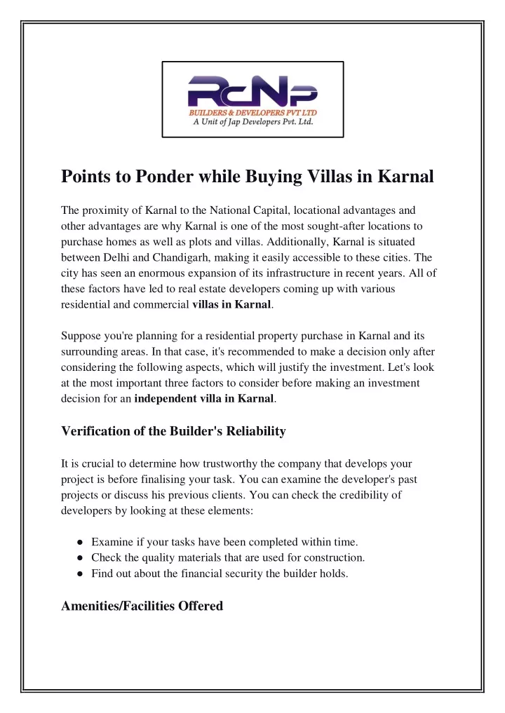 points to ponder while buying villas in karnal