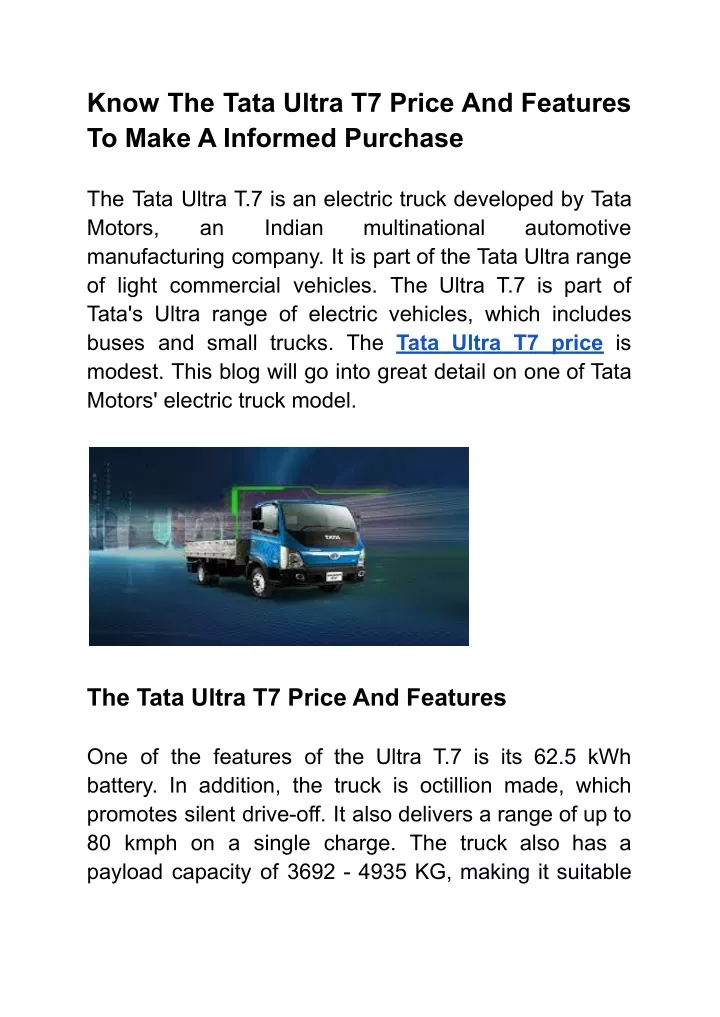 know the tata ultra t7 price and features to make