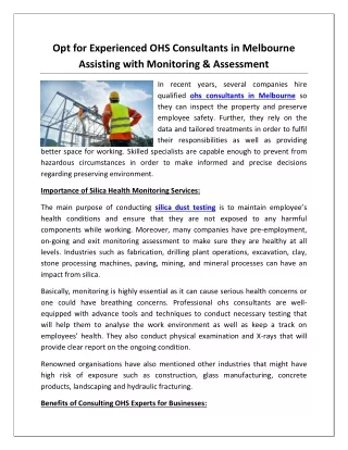 Opt for Experienced OHS Consultants in Melbourne Assisting with Monitoring & Assessment