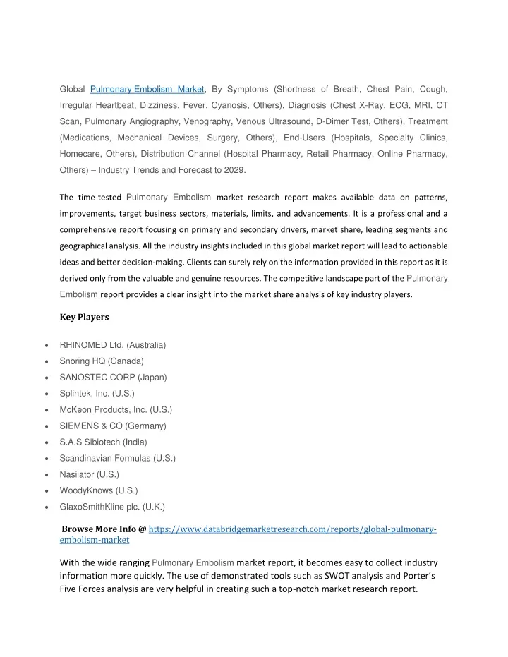 global pulmonary embolism market by symptoms