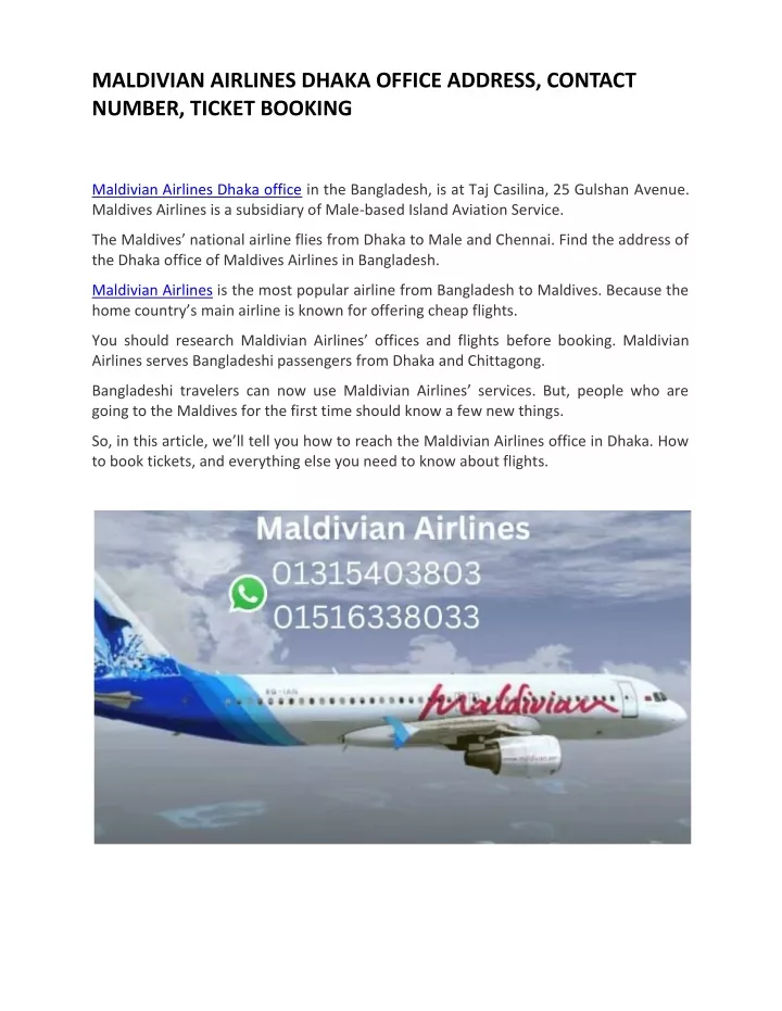 maldivian airlines dhaka office address contact