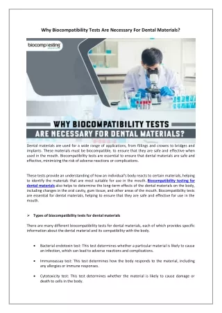 Why Biocompatibility Tests Are Necessary For Dental Materials?