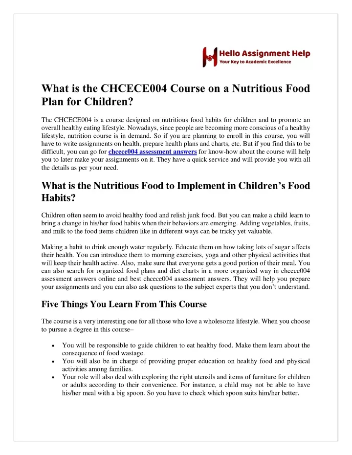 what is the chcece004 course on a nutritious food