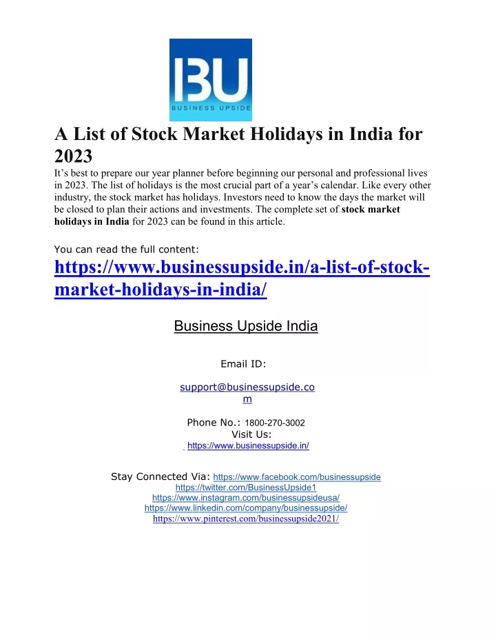 a list of stock market holidays in india for 2023