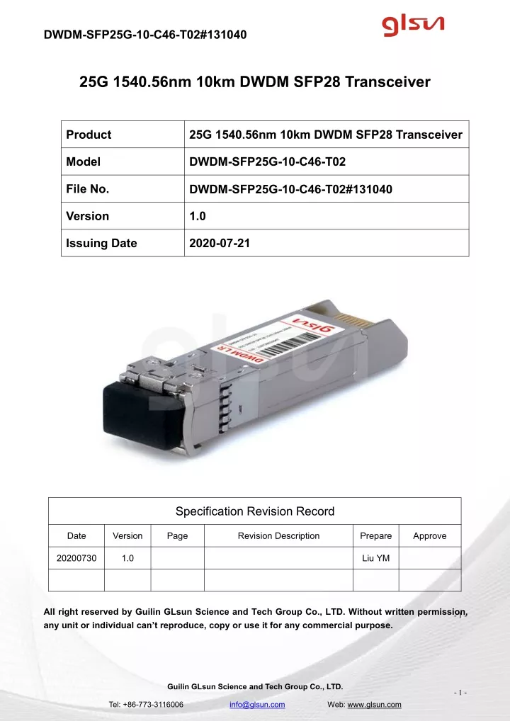 dwdm sfp25g 10 c46 t02 131040