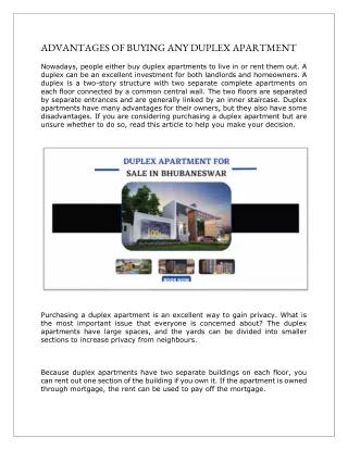 ADVANTAGES OF BUYING ANY DUPLEX APARTMENT