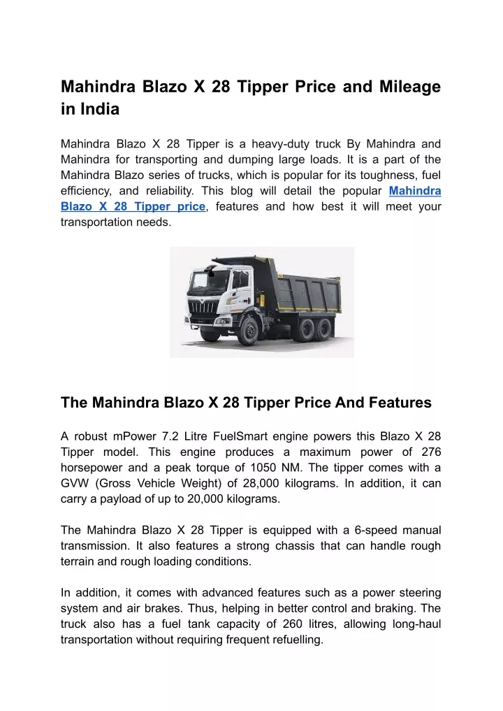 mahindra blazo x 28 tipper price and mileage