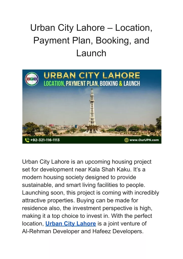 urban city lahore location payment plan booking