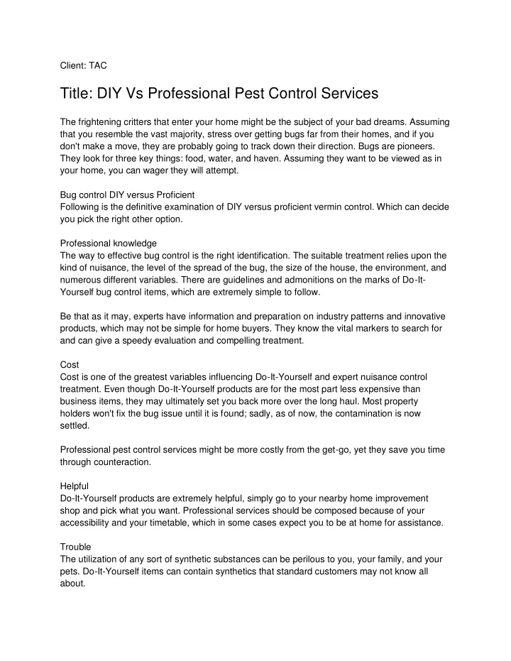 client tac title diy vs professional pest control