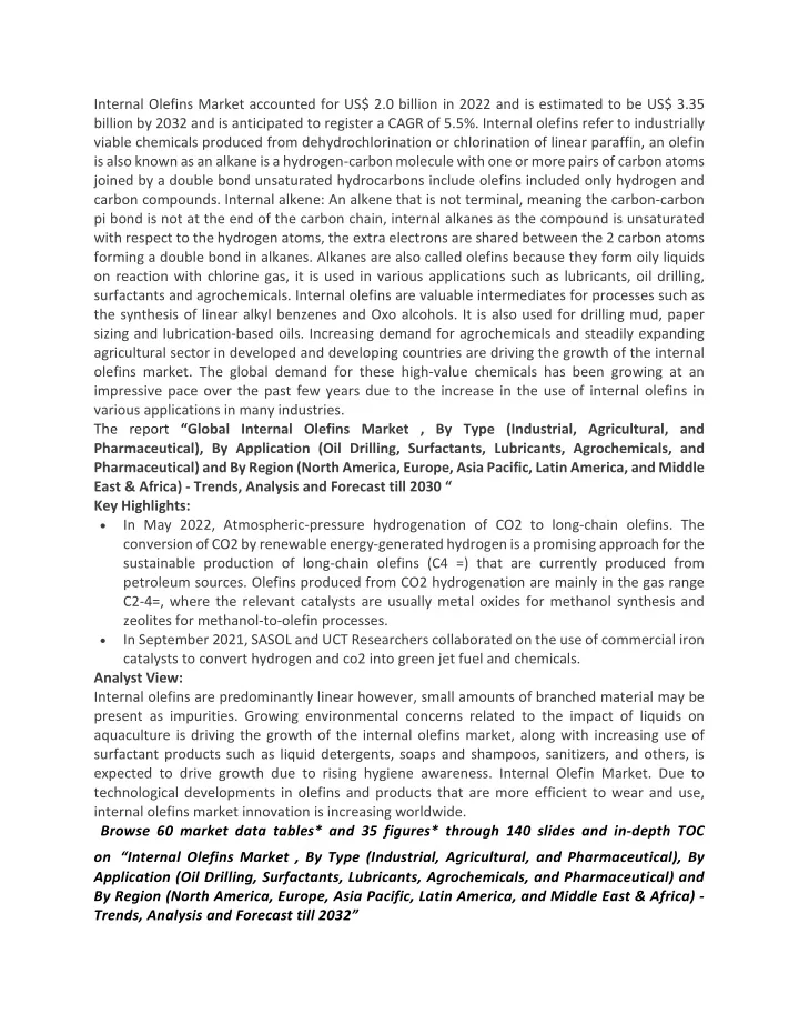 internal olefins market accounted