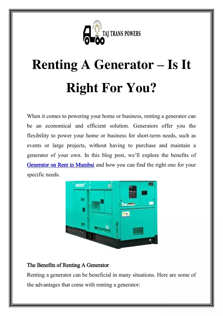 renting a generator is it